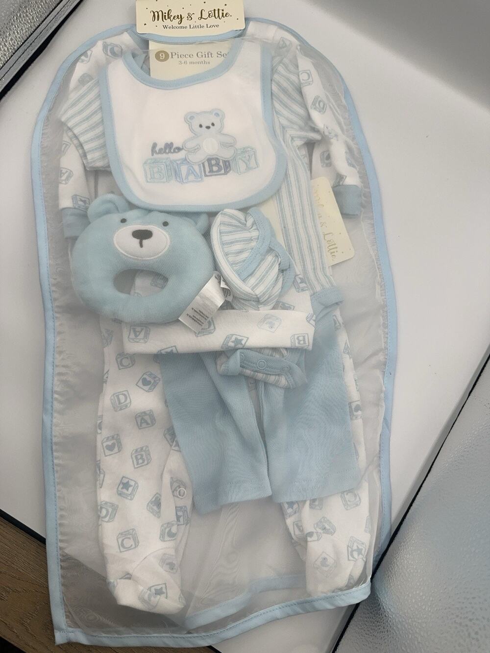 Mikey's & Lollie 9-Pc Baby Boy Gift Set 3-6M Blue/White Cotton Bear